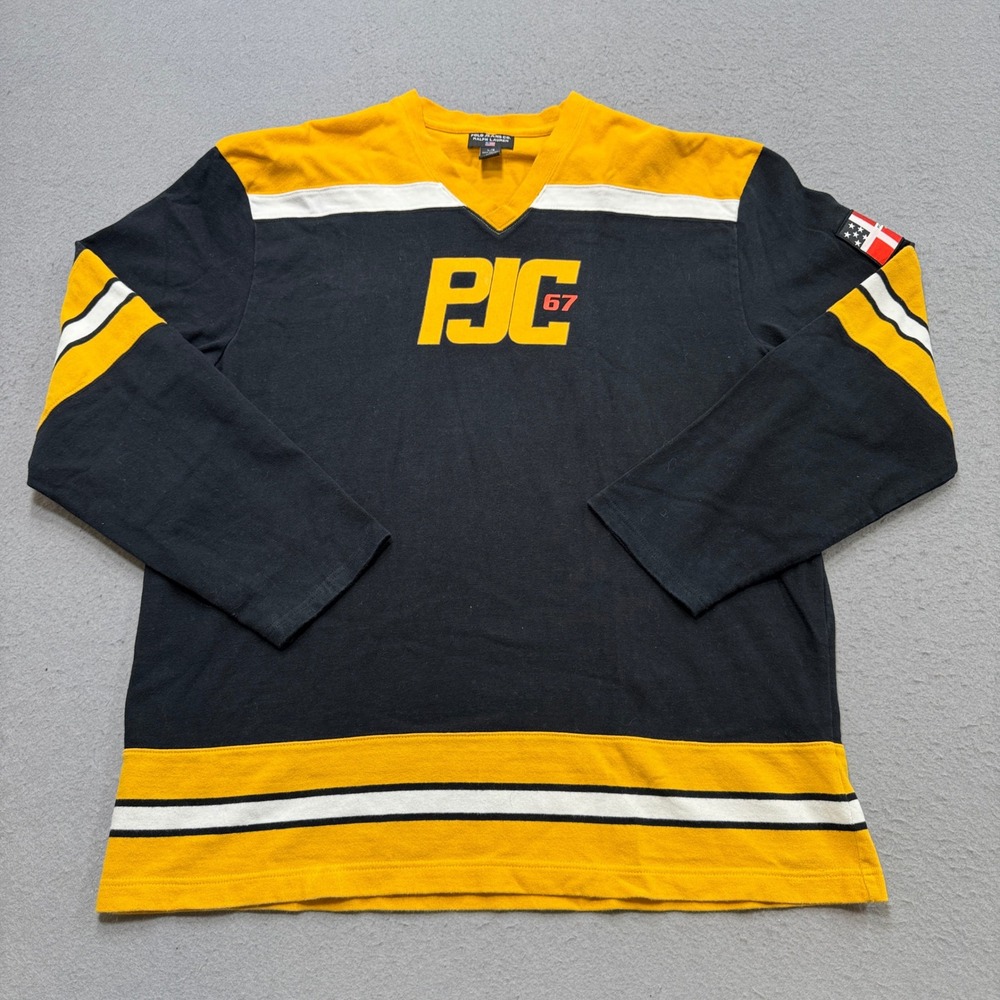 Vintage Polo Jeans Hockey Jersey Men's L Black‎ Yellow PJC 67 Logo Long Sleeve